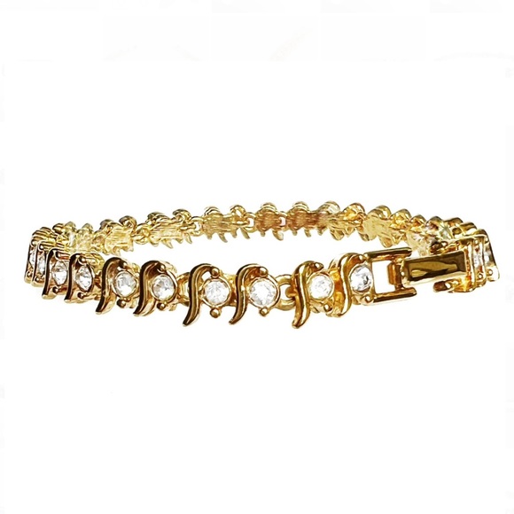 FANCY White Zirconias Stones On 10K Yellow Gold Plated Tennis Bracelet - Picture 3 of 10